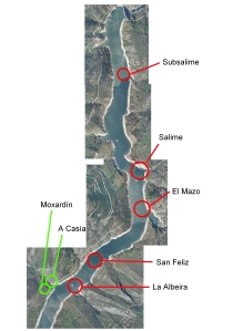 Ubicación de los pueblos próximos (en verde) y de los sumergidos (en rojo) bajo la cola del embalse de Grandas de Salime.
